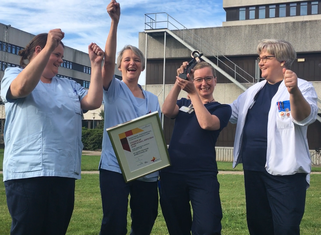 Billede af medarbejdere fra afdelingen Medicinske Sygdomme M 14, Sygehus Sønderjylland, som modtager Arbejdsmiljøprisen 2020 i kategorien psykisk arbejdsmiljø.
